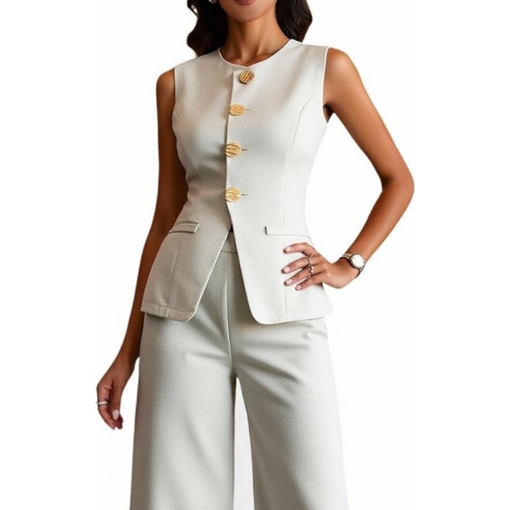Elegant Cream Women's 2 Piece Business Casual Outfits  Blaze Vest&Wide-Leg Pants